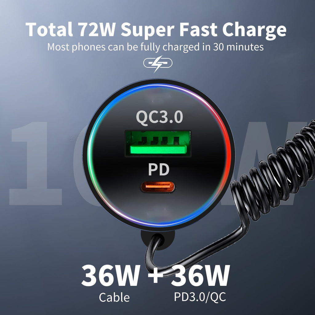 72W USB C Car Charger, 3-Port Fast Charger Adapter with Dual 36W PD & QC3.0, Multi-Protection Compact Car Charger for iPhone Samsung Google Pixel iPad Switch - 12V/24V Vehicles