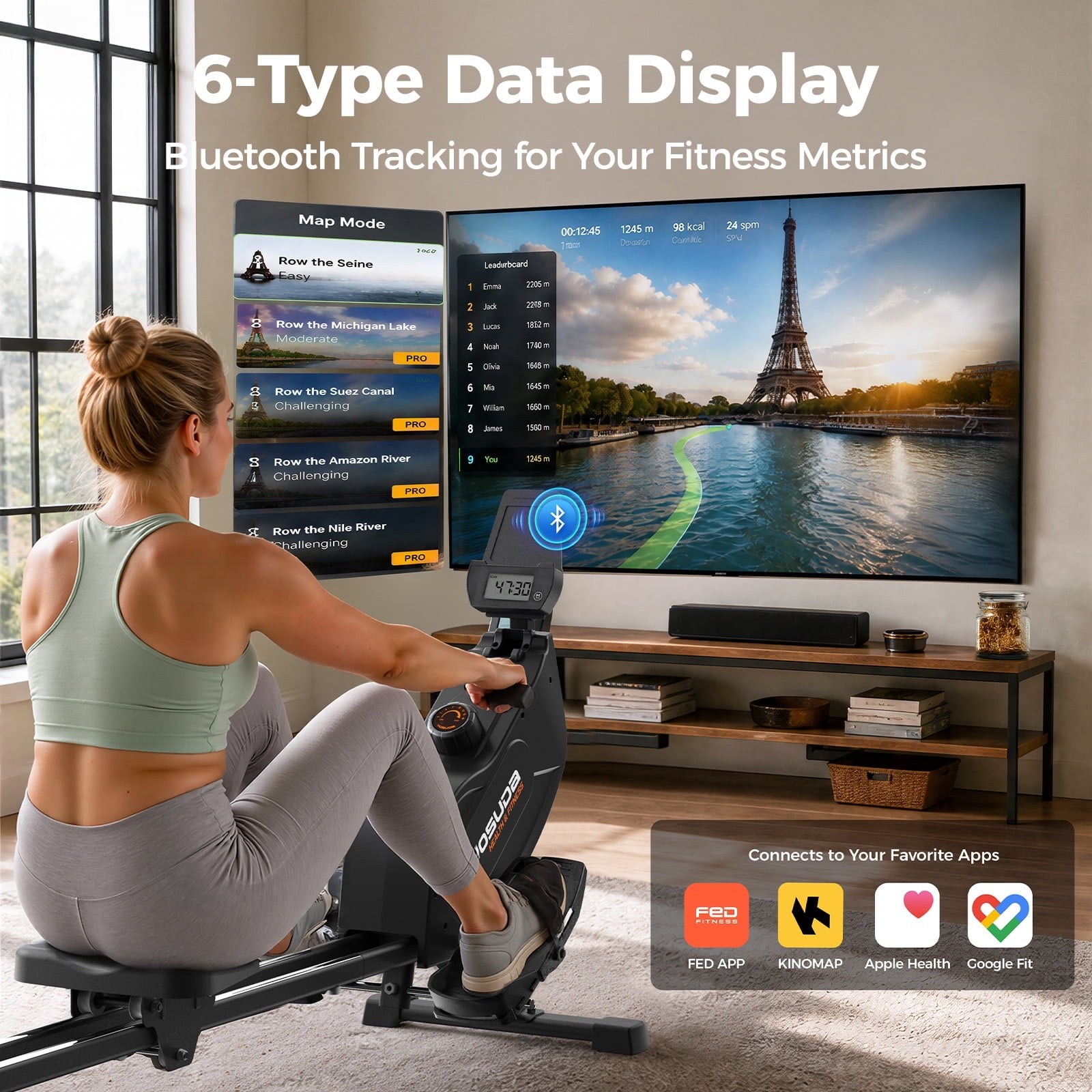 YOSUDA Magnetic Rowing Machine 350lbs Weight Capacity, Foldable Rower for Home Use with 16-Level Max 115lbs Adjustable Resistance and Bluetooth, Tablet Holder