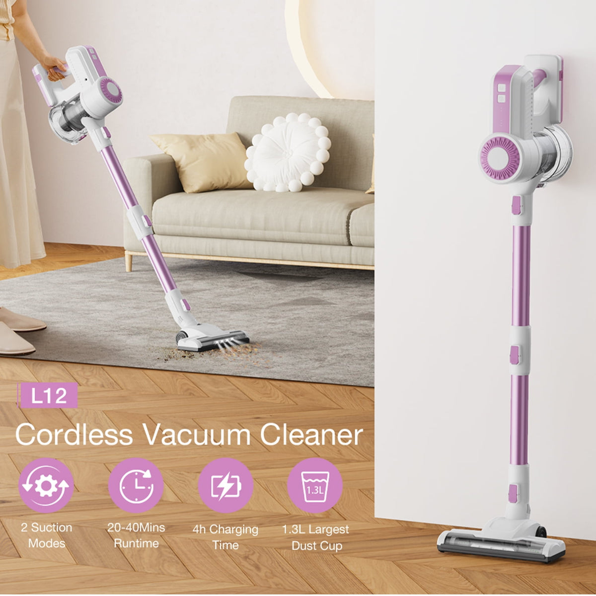 MOOSOO Stick Vacuum Cleaner, 6-in-1 Lightweight Cordless Vacuum for Hard Floor Carpet Pet Hair, L12 Pink