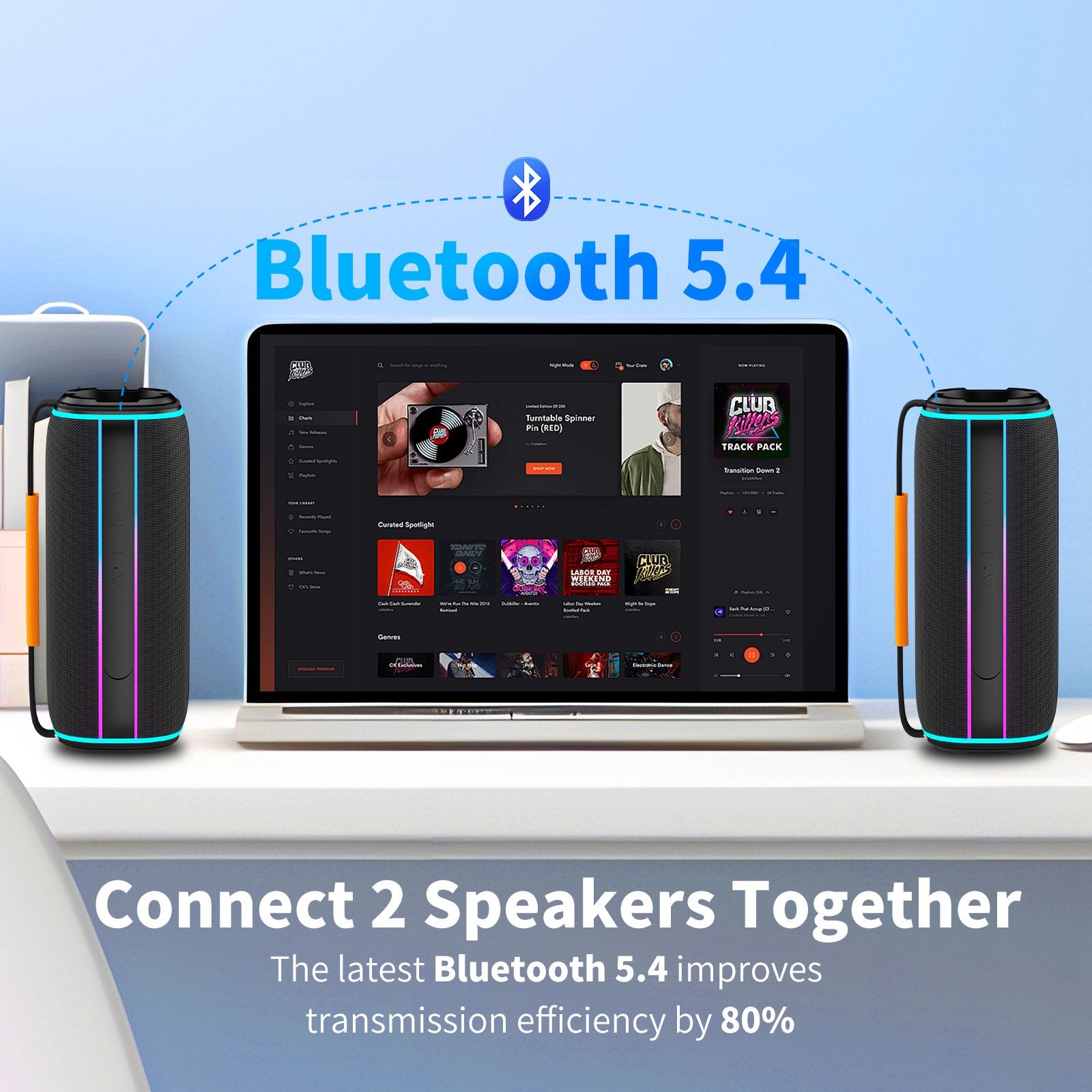 Portable Bluetooth Speaker, 30W Deep Bass Wireless Speaker with 55mm Driver, Bluetooth 5.4, IPX7 Waterproof, 4000mAh Battery, 24H Playtime, TWS Pairing, 11 RGB Light Modes for Outdoor Beach Camping S