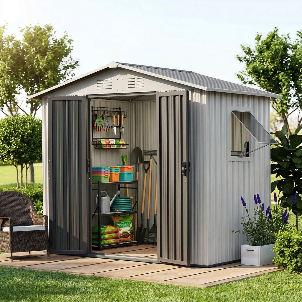 6x4 Outdoor Steel Storage Sheds, Metal Tool Outdoor Shed,With Windows& Air Vent&Gloves,for Backyard,Garden,Lawn,Creamy white